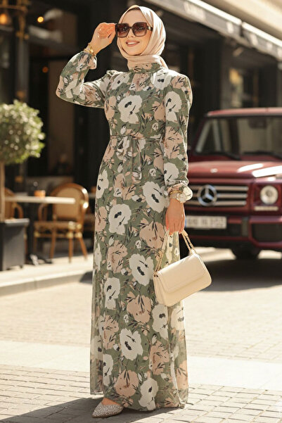 Neva Style Çiçek Desenli Haki Tesettür Elbise 27939HK