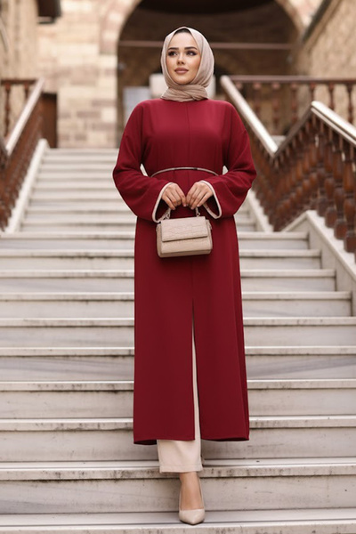 N.S NEVA STYLE Slit Detailed Burgundy Hijab Double Set 76112Br
