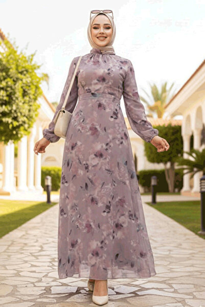 Neva Style Çiçek Desenli Gül Kurusu Tesettür Elbise 27987GK
