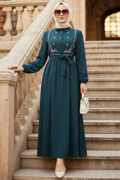 N.S NEVA STYLE Pattern Detailed Emerald Green Hijab Dress 10304Zy