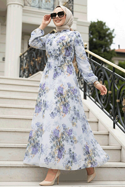 N.S NEVA STYLE Rochie hijab mov cu modele florale 279920 VIOLET