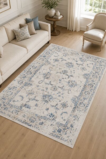 Serente Home Retro Desenli Yıkanabilir Kaymaz Taban Krem Mavi Şönil Mutfak Ha...