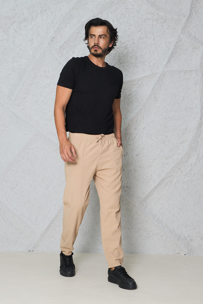 blayn jeans بنطلون رياضي رجالي باللون البيج بخصر مطاطي وأربطة، مصنوع من القطن...