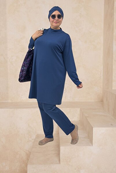 Eslina 1740 Plus Size Solid Color Hijab Swimsuit - Indigo