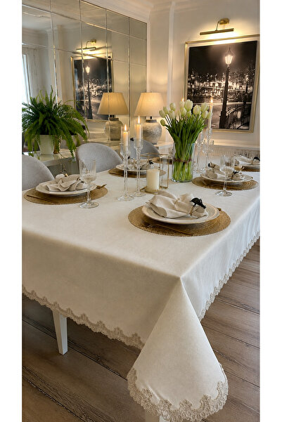 Decamor home Royal Emerald Gold Glittery Ecru Tablecloth with Gold Lace Detai...