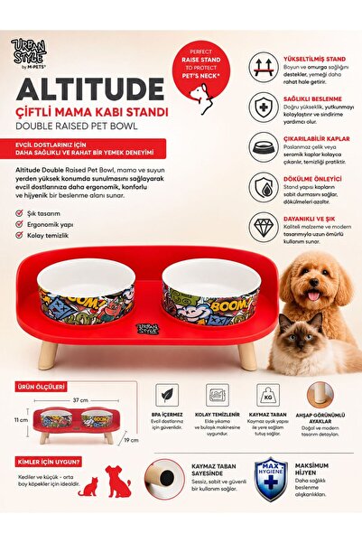 M-PETS Altitude Urban Styla 2'li Kedi ve Köpek Mama Kabı Standı Kırmızı & Mul...