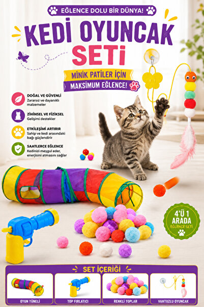 Petshop Kedi Oyun Seti Katlanabilir Oyun Tüneli + Ponpon Top Fırlatma Tabanca...