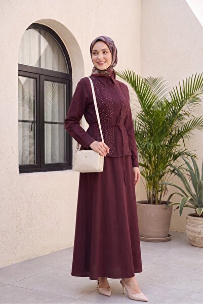 Modamorfo Stone Detailed Belted Skirt with Lining Polyviscon Set - Dark Burgundy