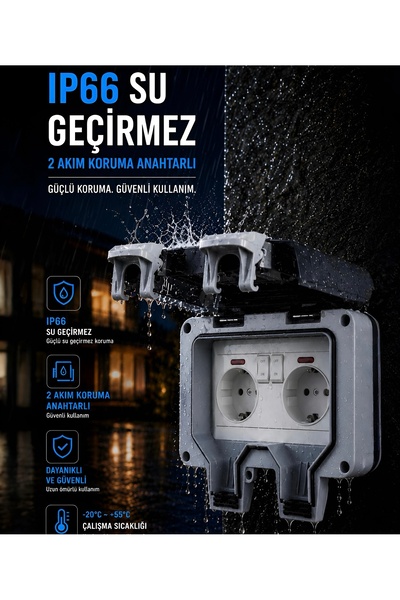 Nexo Su geçirmez Dış mekan 2'li priz, 2 akım koruma anahtarlı(IP 66)