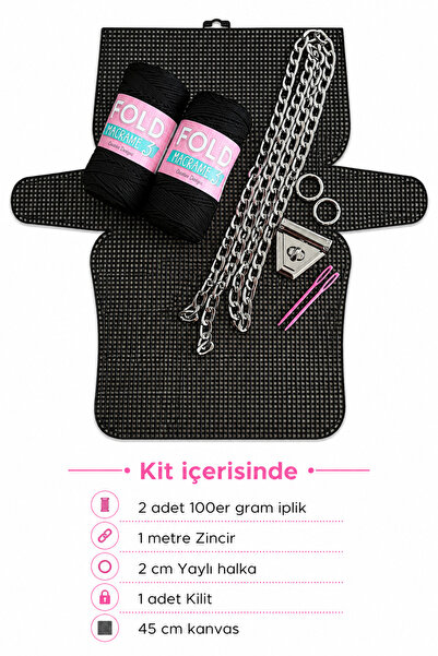 BD fold yarn Kanvas Çanta Siyah Örgü Kiti 45x22cm - Polyester Makrome No.3 Pl...