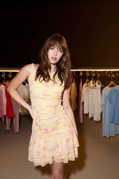 DeFacto Crew Neck Tulle Sleeveless Printed Yellow Mini Dress I3024Ax26Sm