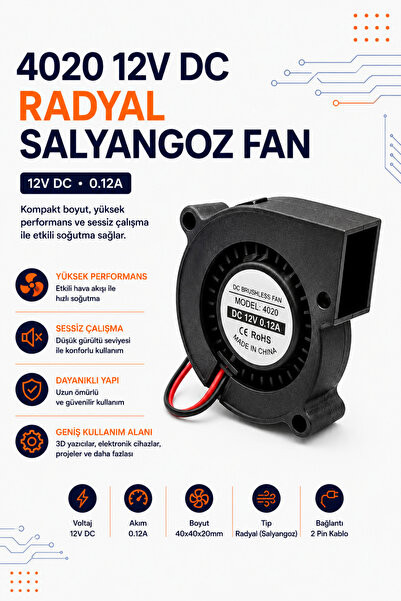 RobotikDepo 4020 12V DC Radyal Salyangoz Fan