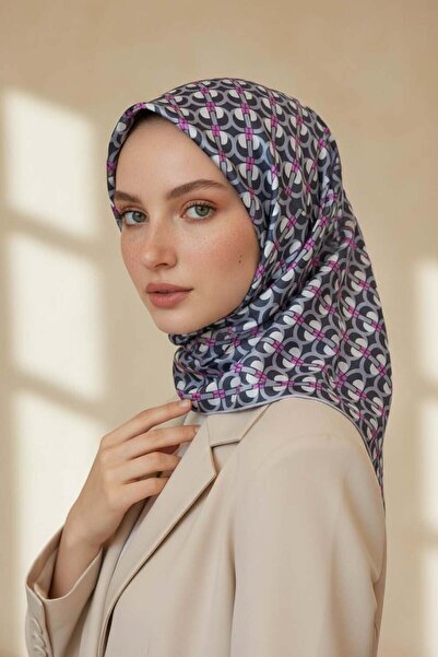 Vissona 100% حرير تويل بنمط هندسي رمادي - لون فوشيا وشاح 90x90 طريقة الخياطة:...