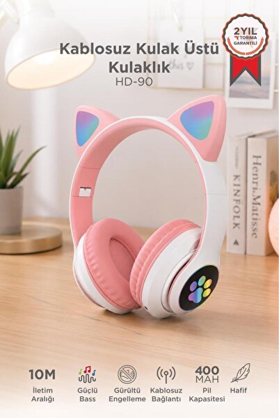 Torima Bluetooth Kulaklık Kulak Üstü Kedi Tasarımlı Kablosuz Kulaklık HD90 Pembe