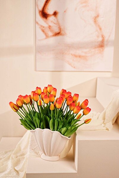 y.ç yapay çiçek marketim Turuncu Yapay Tulipa Lale Çiçeği Buketi 5 Dallı Prem...
