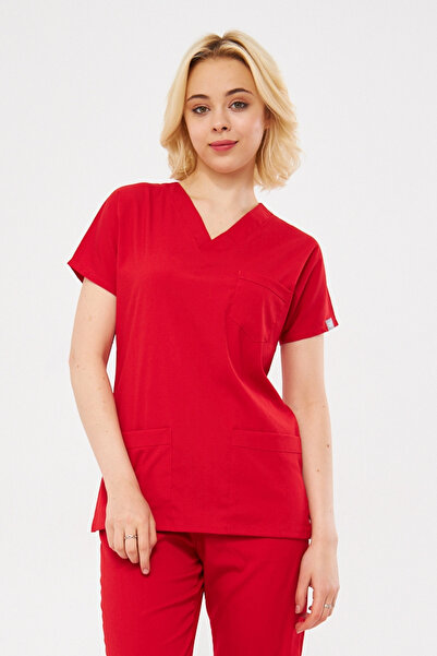 Class Üniforma Single Top Red Lycra Unisex Bat Sleeve Nurse and Doctor Unifor...
