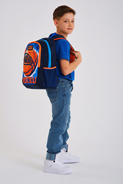 Coral High Kids Navy Blue Basketball Patterned Three Compartment School Backpack 14405