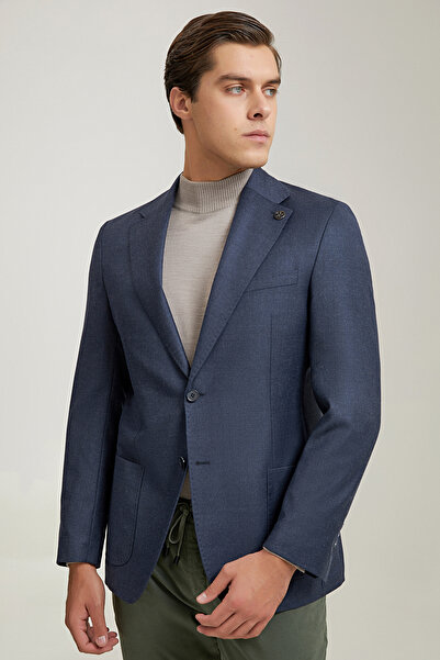 Damat Slim Fit Lacivert Düz Yün Karişimli Kumaş Ceket