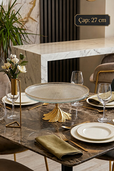 MAY HOME Gold Metal Ayaklı Sunumluk Servislik Cam Tabak & Kurabiye Pasta Tatl...