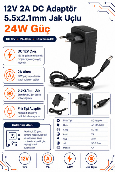 RobotikDepo 12V 2A DC Adaptör - 5.5x2.1mm Jak Uçlu 24W