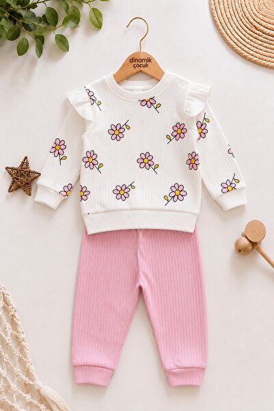 Daisy Reported Ribbed Sleeve Detailed Baby Girl Set Monthly Seasonal 2pcs Top and Bottom 3-6-9-12months