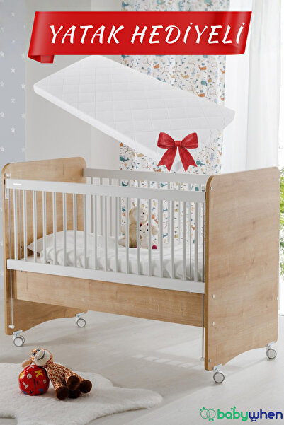 Babywhen Bebek Beşiği Beyaz Tekerlekli Anne Yanı + Yatak Hediyeli BW1065 60x120