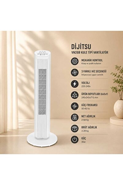 Dijitsu VN28B Kule Tipi Vantilatör Mekanik Kontrol Paneli 3 Farklı Hız Seçene...