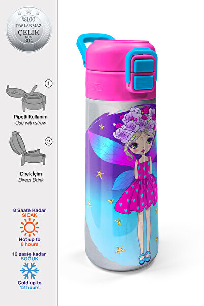 Coral High Kids Pembe Mavi Peri Desenli Pipetli ve Direkt İçim Çelik Termos 5...