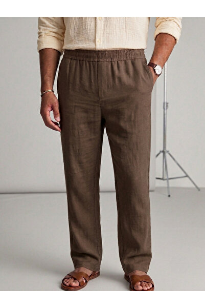 DİVERSİ Men's Summer Comfortable Fit Light Brown Baggy Linen Trousers