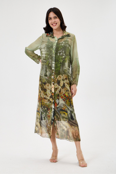 della moor Haki Italian Flower Patterned 3/4 Sleeve Lined Silk Shirt Dress 36...