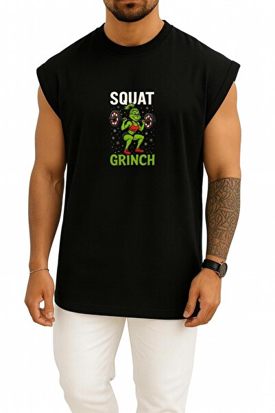 Bahriyeli Collection Oversized Gym Fitness Squat Grinch Chest Printed Tank Top