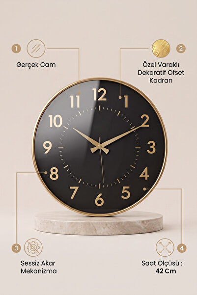 Frapan Home GLX 42 Cm Premium Dekoratif Duvar Saati Sessiz Mekanizmalı Büyük Boy Salon Saati