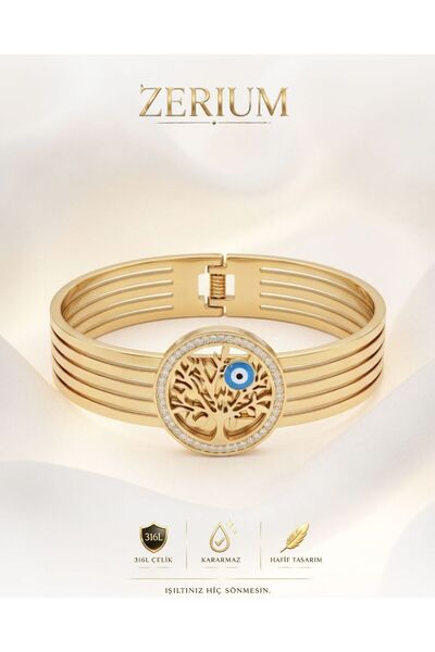ZERİUM Gold Color Plated 316L Steel Bracelet with Tree of Life Motif