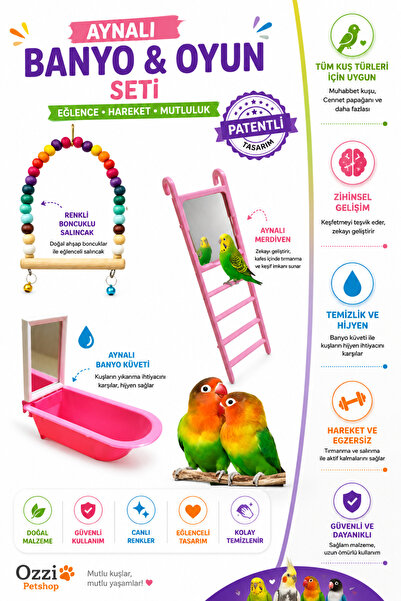 ozzipetshop Muhabbet Kuşu Aynalı Banyo Küveti Merdiven Salıncak Oyuncak Seti