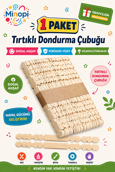 Minopi 1 Paket Naturel Geçmeli Dil Çubuğu Paketi 50'li Tırtıklı Geçirmeli Ekl...
