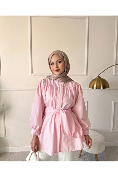 Bahar Altundemir Belden Kuşaklı Poplin Kumaş Tesettür Kadın Gömlek