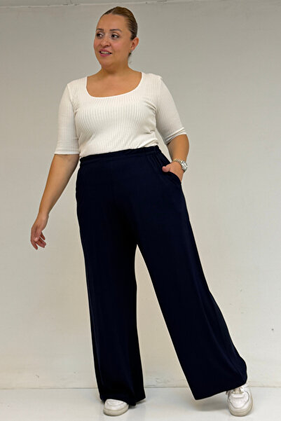 Eslina 39000 Plus Size High Waist Elastic Wide Leg Combed Cotton Trousers - N...