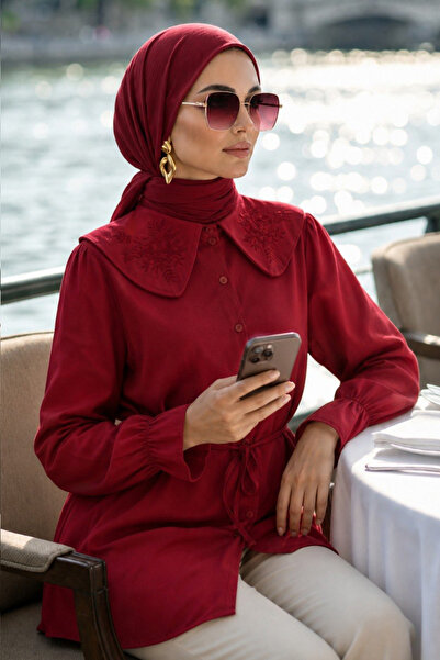 N.S NEVA STYLE Poplin crvena vezena hijab tunika sa dečijim ovratnikom 20378K