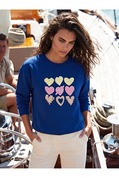 ONLOOX Navy Blue Cotton Crew Neck Sweatshirt with Three-Thread Heart Embroide...