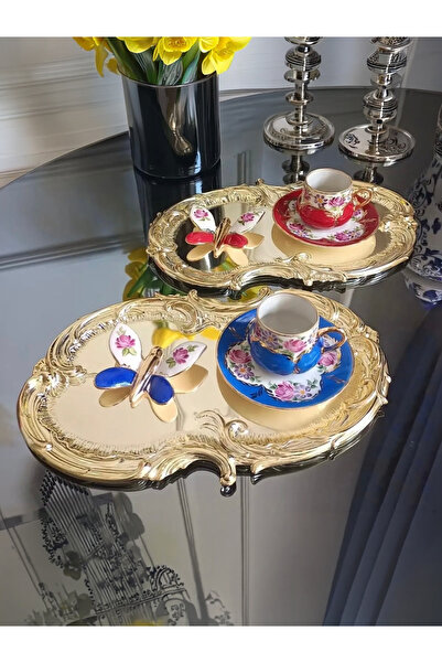 Elzemm store Çelik Gold 2 Adet Işlemeli Dantel Desenli Artnova Servis Tepsisi...