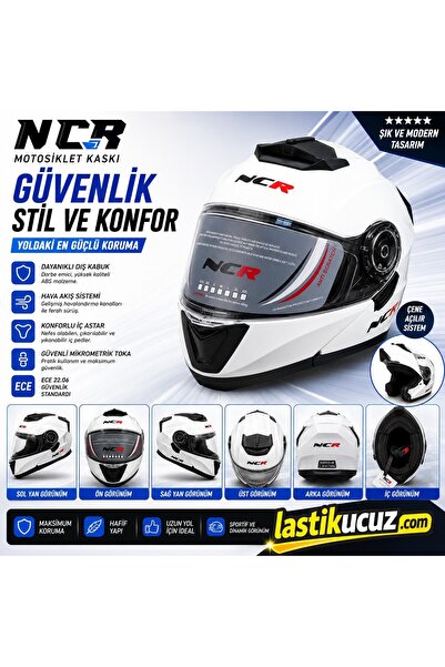 NCR -160E ÇENE AÇILIR GÖZLÜKLÜ E-CE BELGELİ KASK PARLAK BEYAZ
