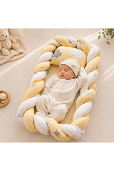 Bebelul Baby nest cocon tricotat galben cu perna si saltea 72x52 cm