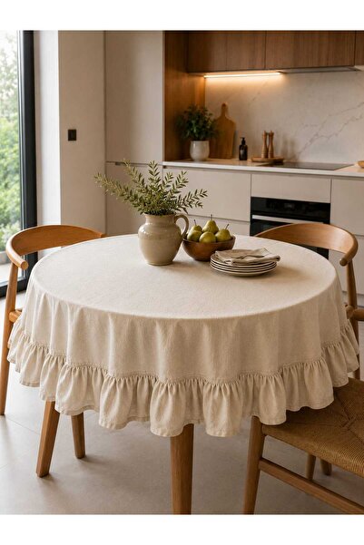 HOME ART ATELIER hand made Fırfırlı Naturel Vintage Yuvarlak Masa Örtüsü - So...