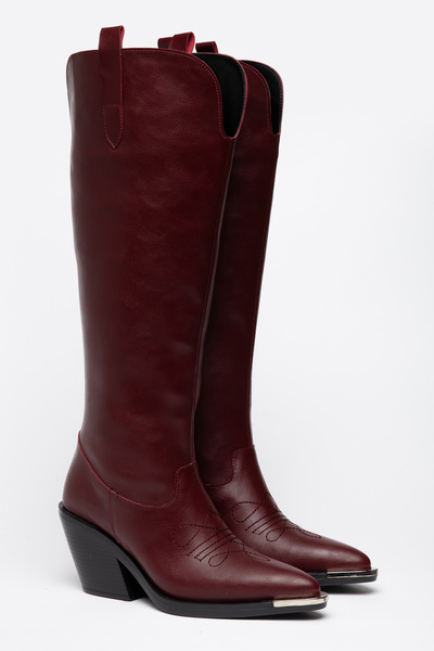 DENORA Burgundy Matte Leather Metal Toe Flat Below-Knee Western Cowboy Boots