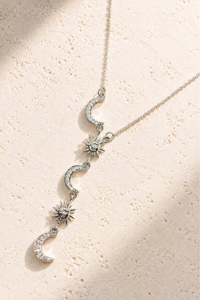 Duiwerlis Women's Sun Moon Detailed Y Necklace with Zircon Stone and Steel Chain Design, Minimal and Stylish