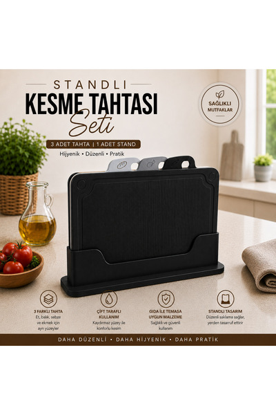HAUSEN Pratik Standlı Kesme Tahtası Seti (3 Tahta + 1 Stand)