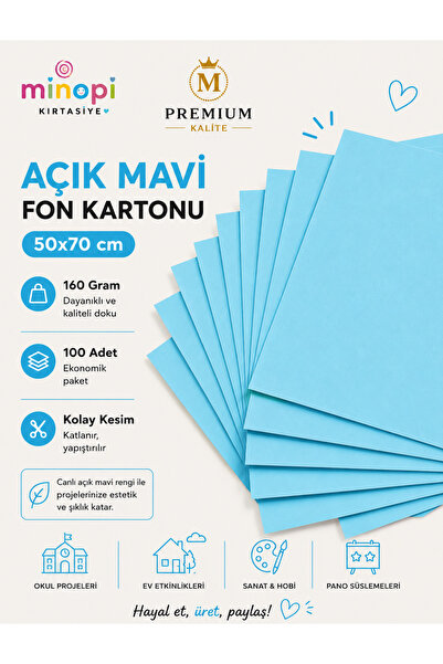 Minopi Light Blue Background Cardboard 50X70 cm 100 Pack 160 Gr Colored Backg...