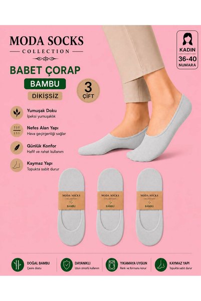 modasocks Topuktan Kaymaz Bambu Kadın Babet Çorap 3 Çift Gri