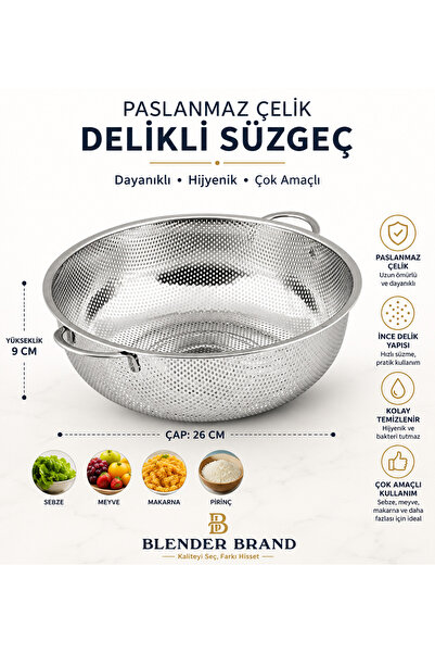 Blender Brand 26 cm metal handled pasta strainer