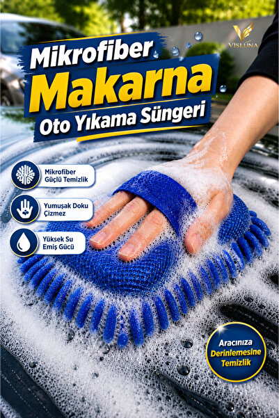 VİSLUNA ( 1 ADET ) Mikrofiber Makarna Eldiven Püsküllü Araç Yıkama Süngeri El...